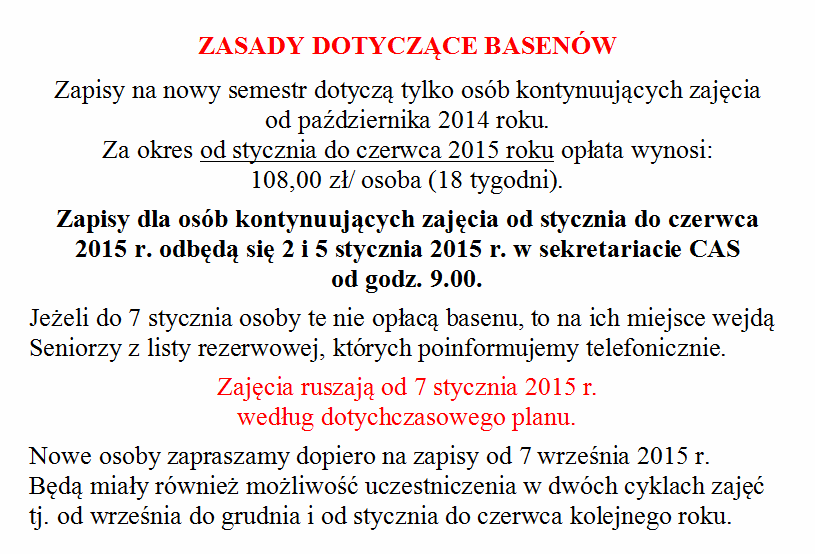 Zasady dotyczące zapisów na baseny